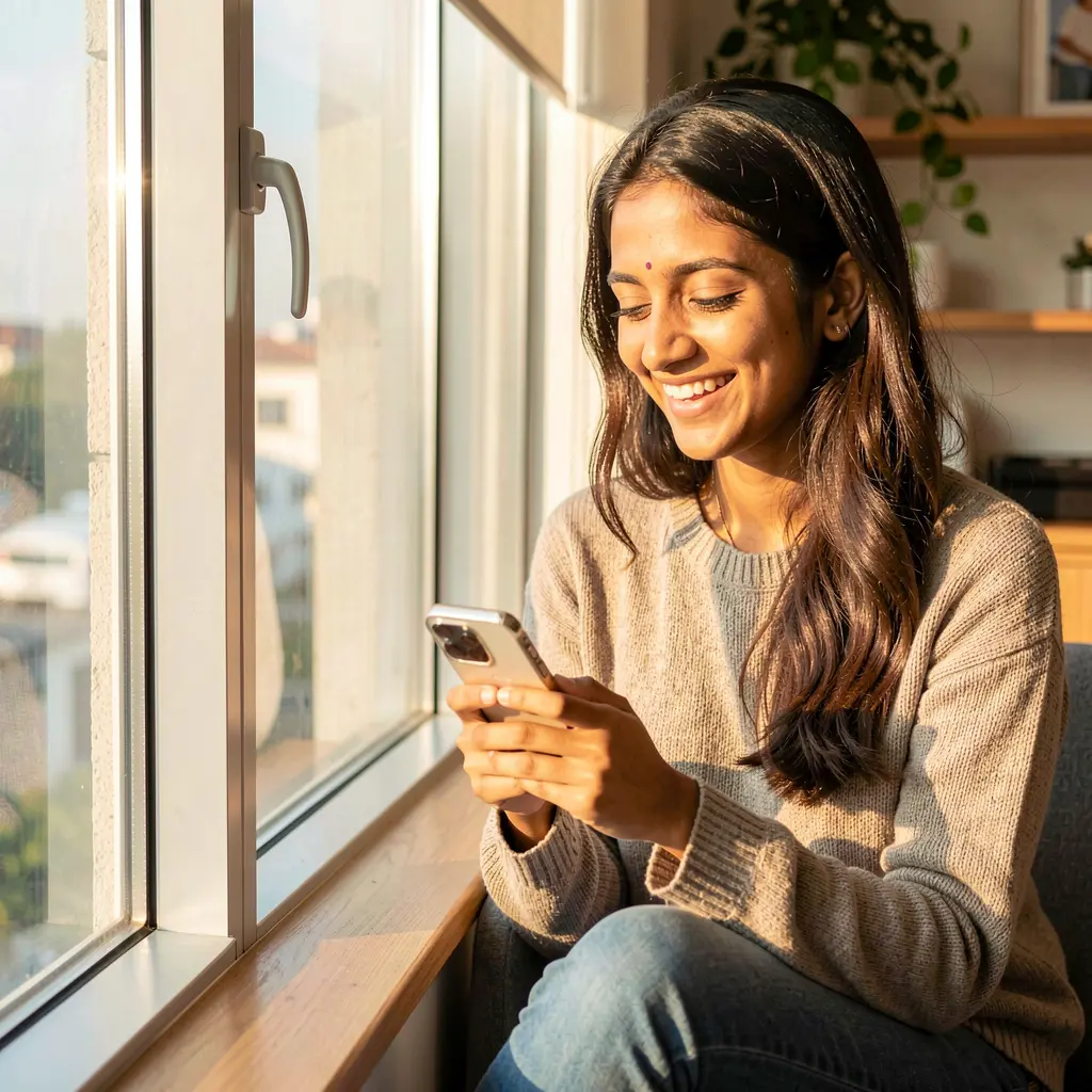 Happy Bangladeshi woman sitting by a sunny window while using the 388TK casino app on her smartphone
