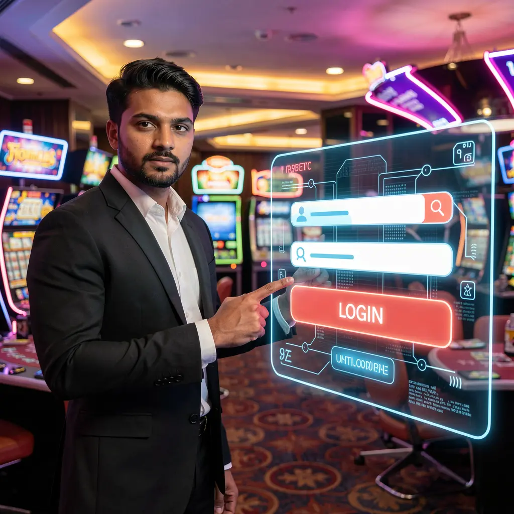 Elegant Bangladeshi casino host pointing at a bright digital login panel inside a modern 388TK casino platform environment